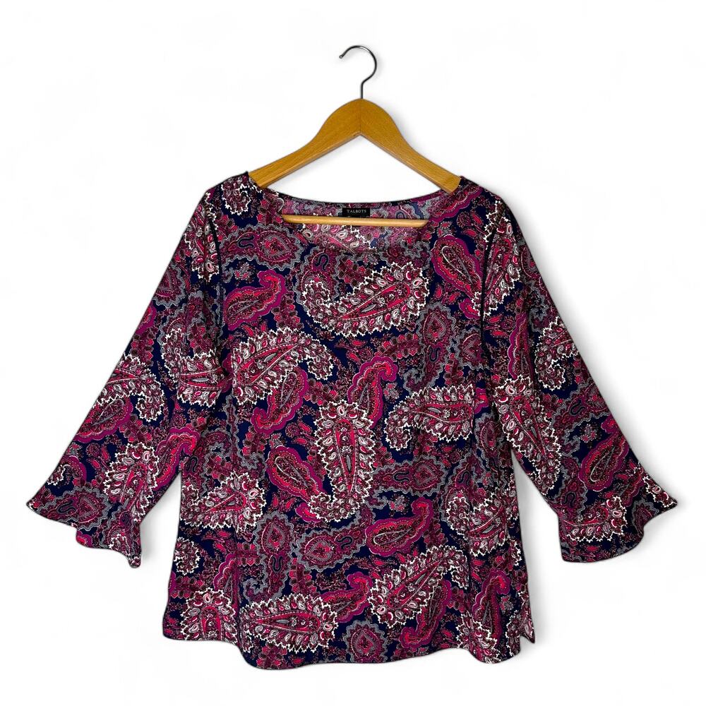 Talbots Women's Paisley Three-Quarter Peplum Sleeve Crepe Top L Fuchsia Purple